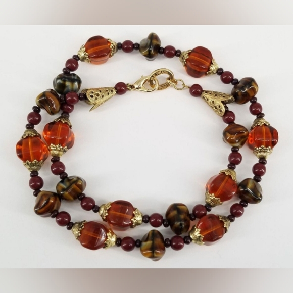 Erwin Pearl Amber /Orange Glass Beaded Rare Vintage Signed Necklace - Picture 2 of 14